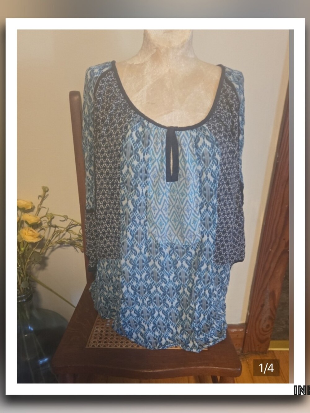 Lucky Brand Blue and Black Printed Scoop Neck Top Size 1x